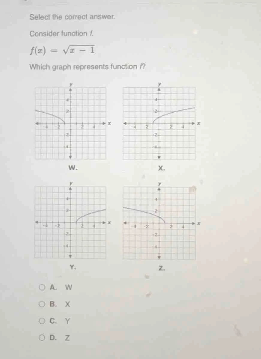 select the correct answer. consider function f. $f(x) = \\sqrt{x - 1}$ …