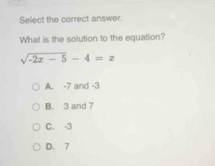 select the correct answer. what is the solution to the equation? $sqrt{…