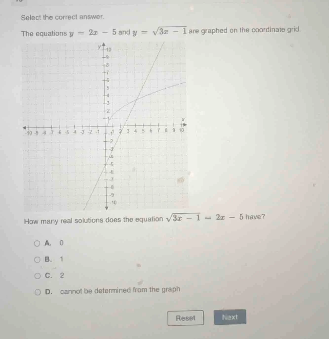 select the correct answer. the equations $y = 2x - 5$ and $y = \\sqrt{3…