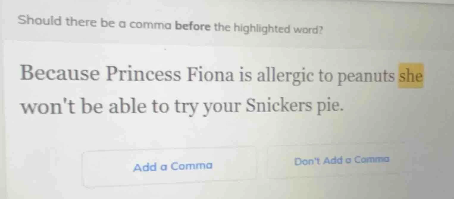 should there be a comma before the highlighted word? because princess f…