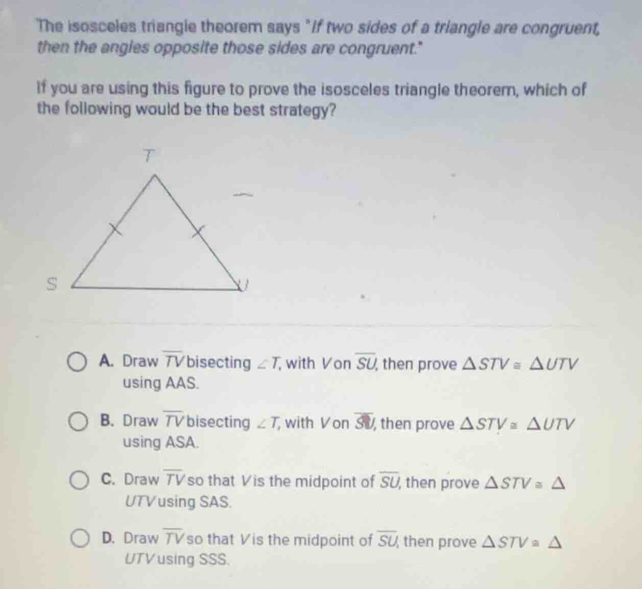 the isosceles triangle theorem says if two sides of a triangle are cong…