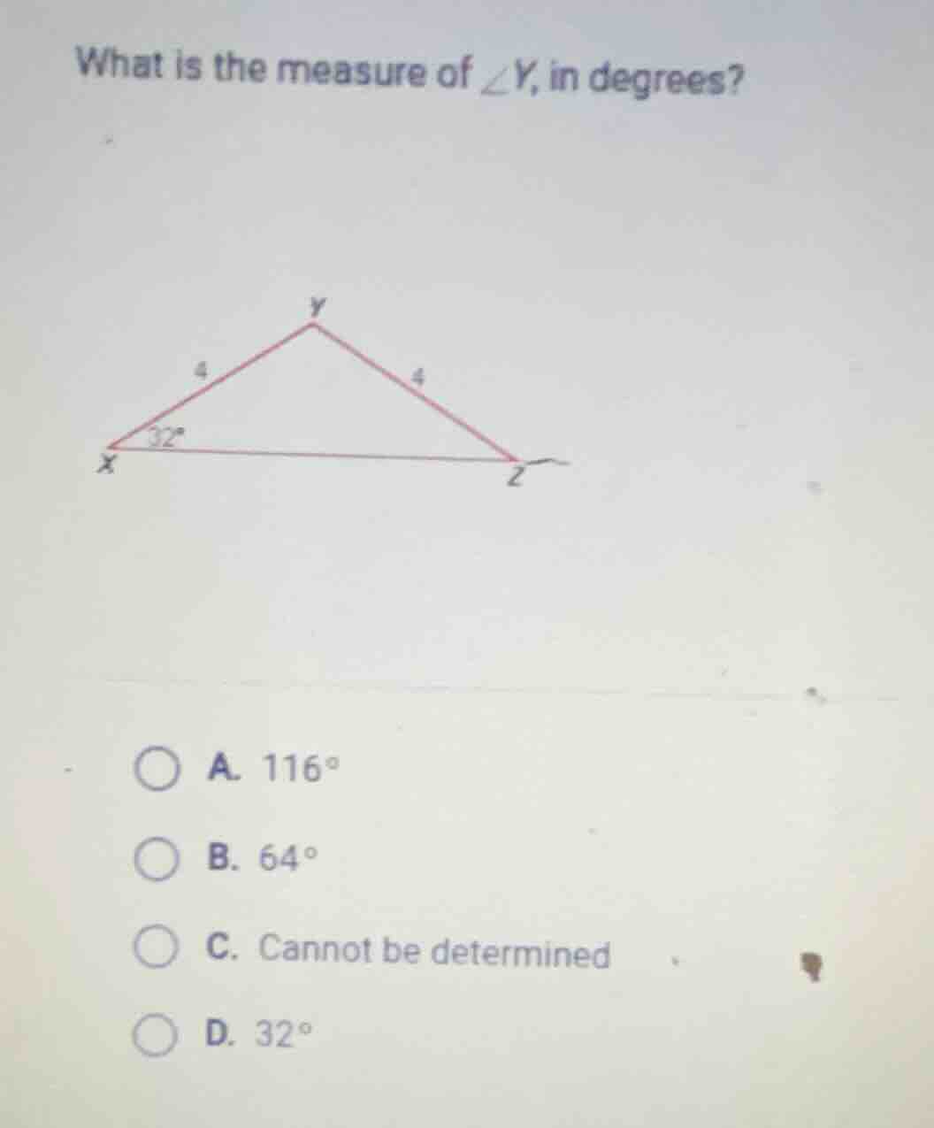 what is the measure of $angle y$, in degrees? a. $116^circ$ b. $64^circ…