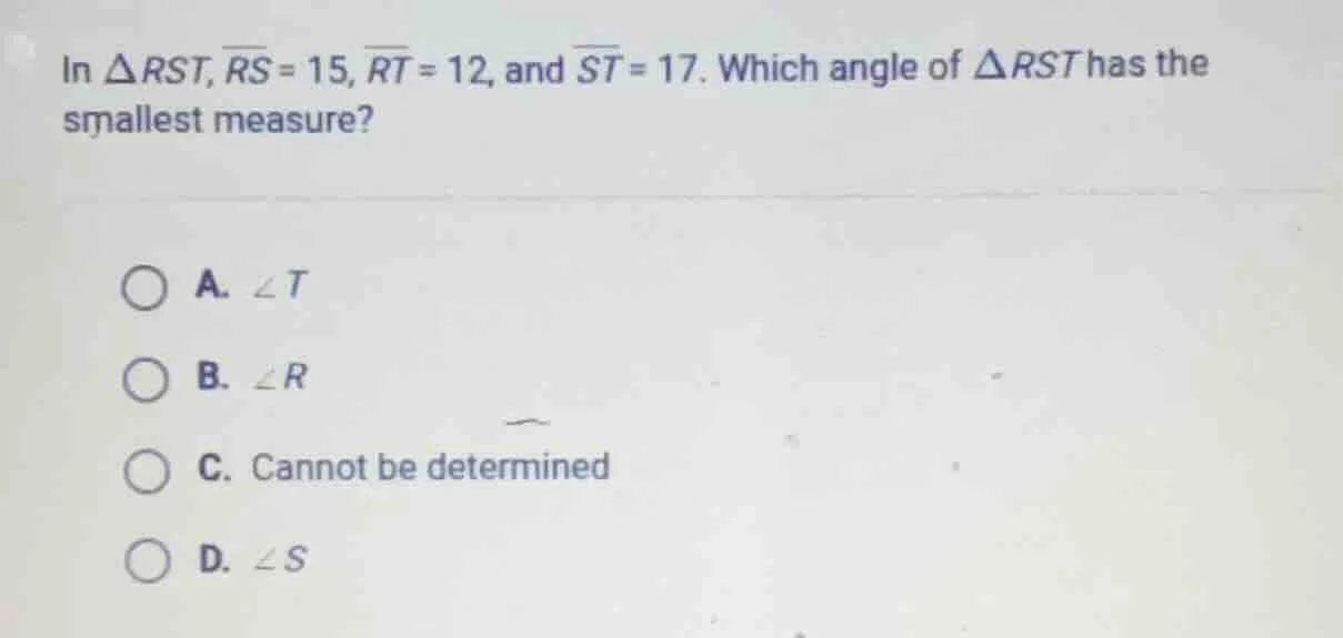 in $\triangle rst$, $overline{rs}=15$, $overline{rt}=12$, and $overline…