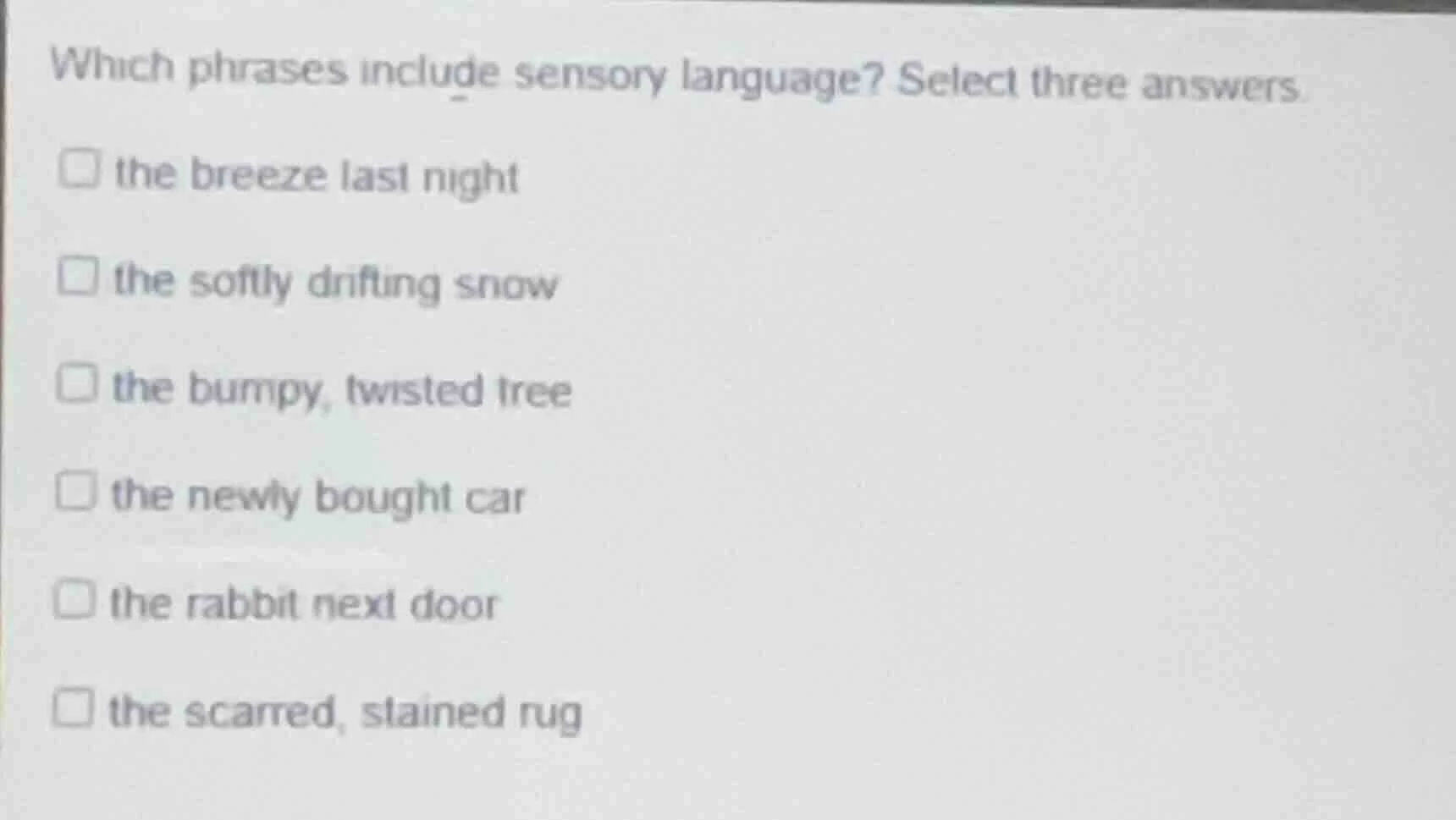 which phrases include sensory language? select three answers. □ the bre…