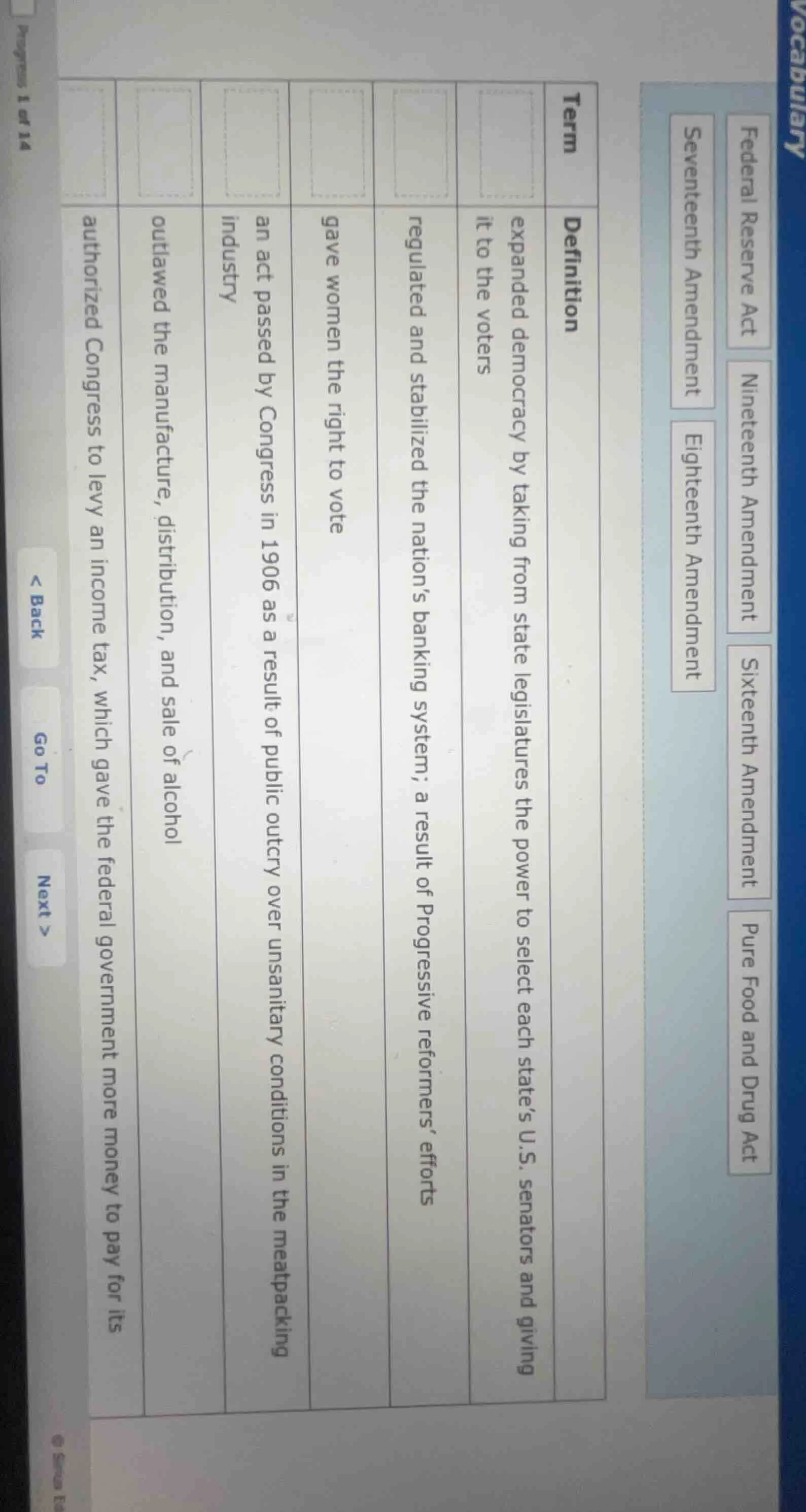 vocabulary federal reserve act nineteenth amendment sixteenth amendment…