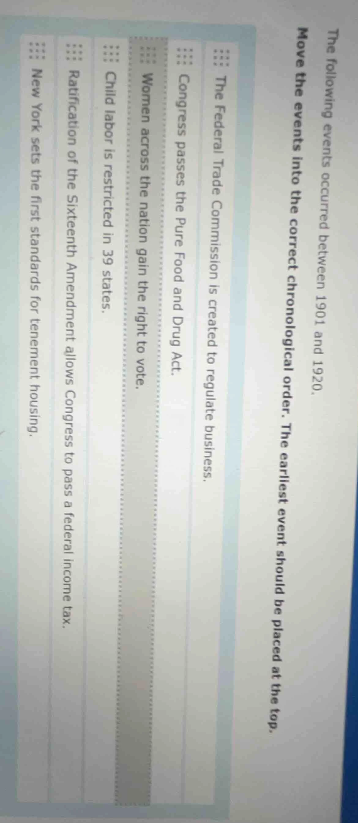 the following events occurred between 1901 and 1920. move the events in…