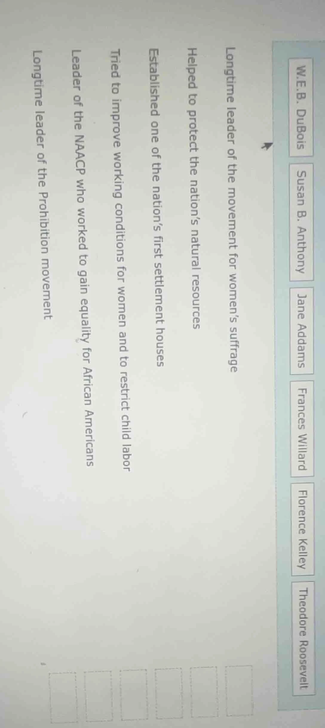 w.e.b. dubois susan b. anthony jane addams frances willard florence kel…