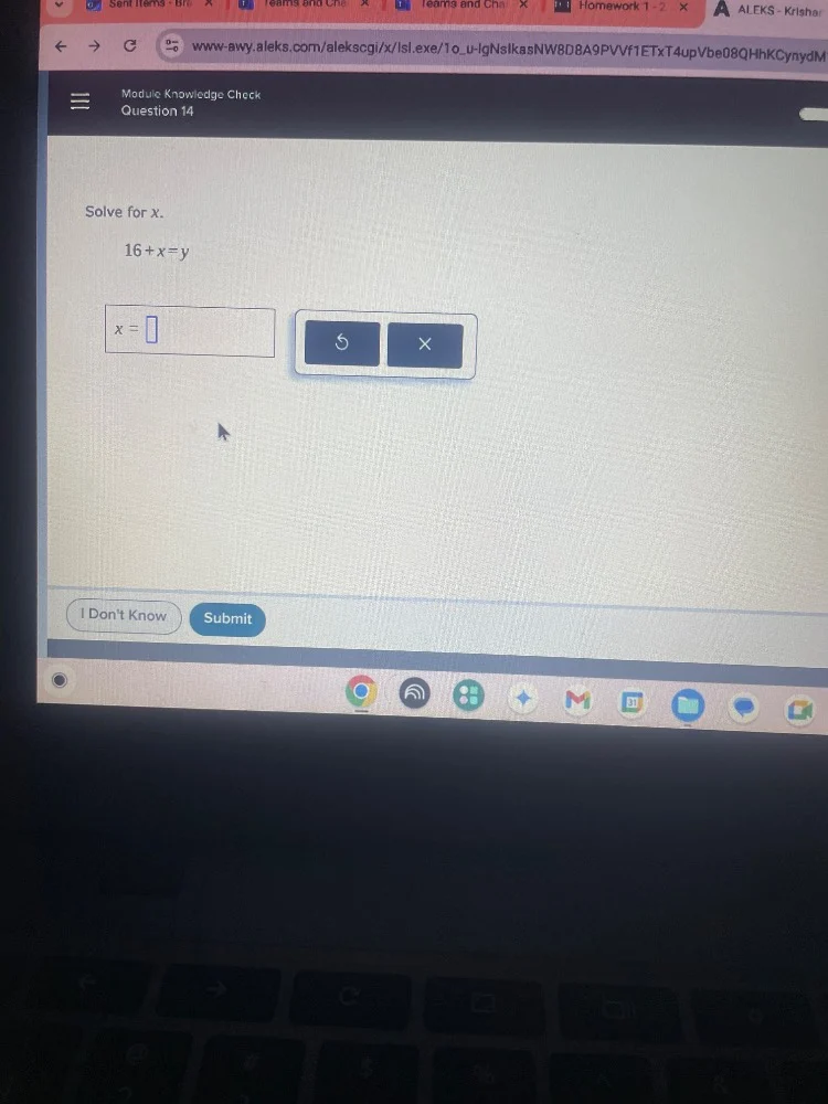 module knowledge check question 14 solve for x. $16+x=y$ $x=\\square$