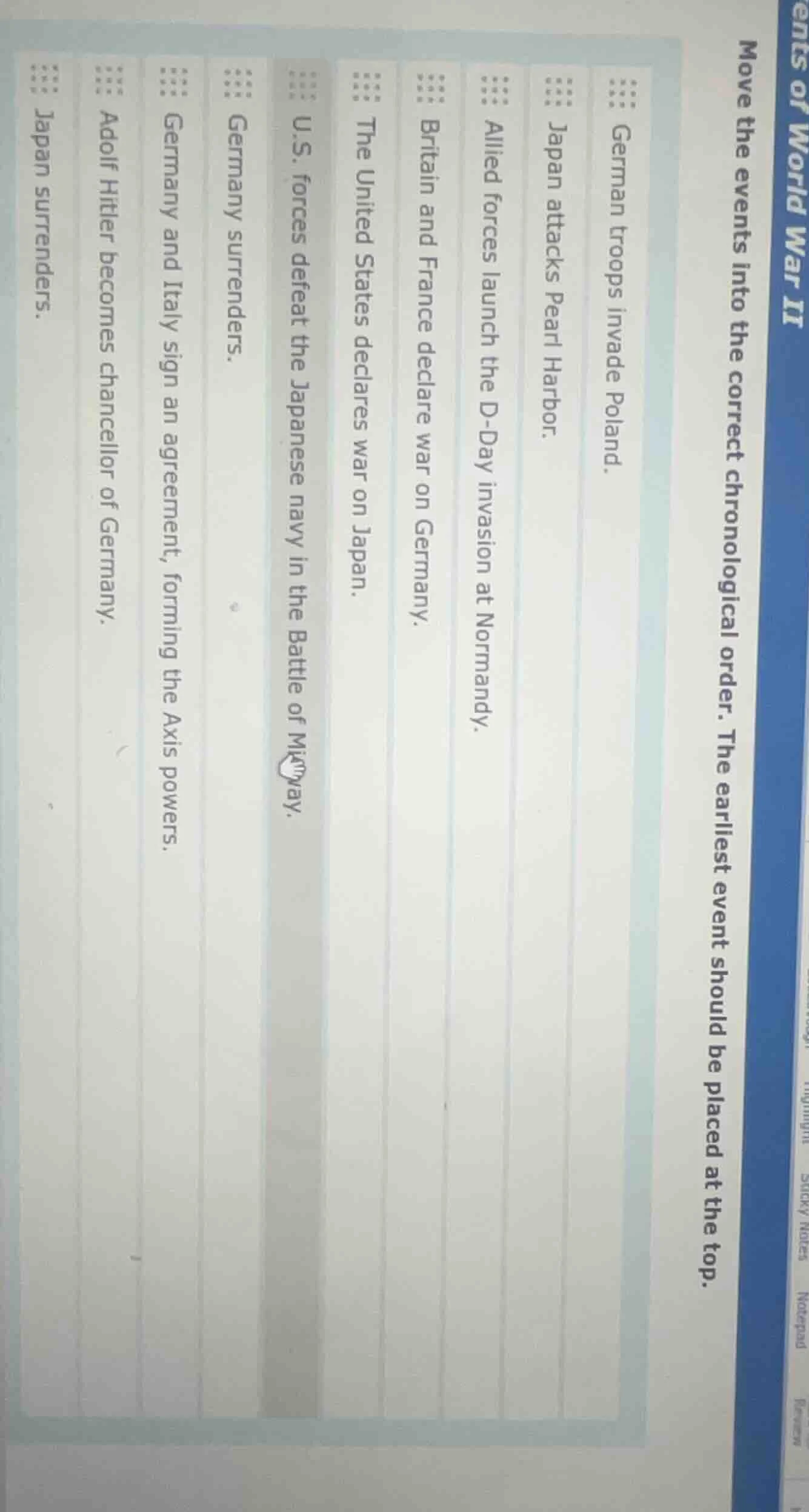 ents of world war ii move the events into the correct chronological ord…
