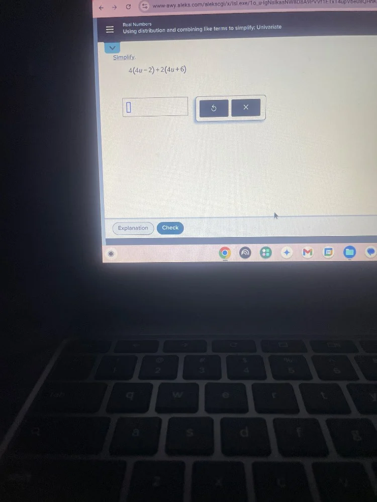 real numbers using distribution and combining like terms to simplify: u…