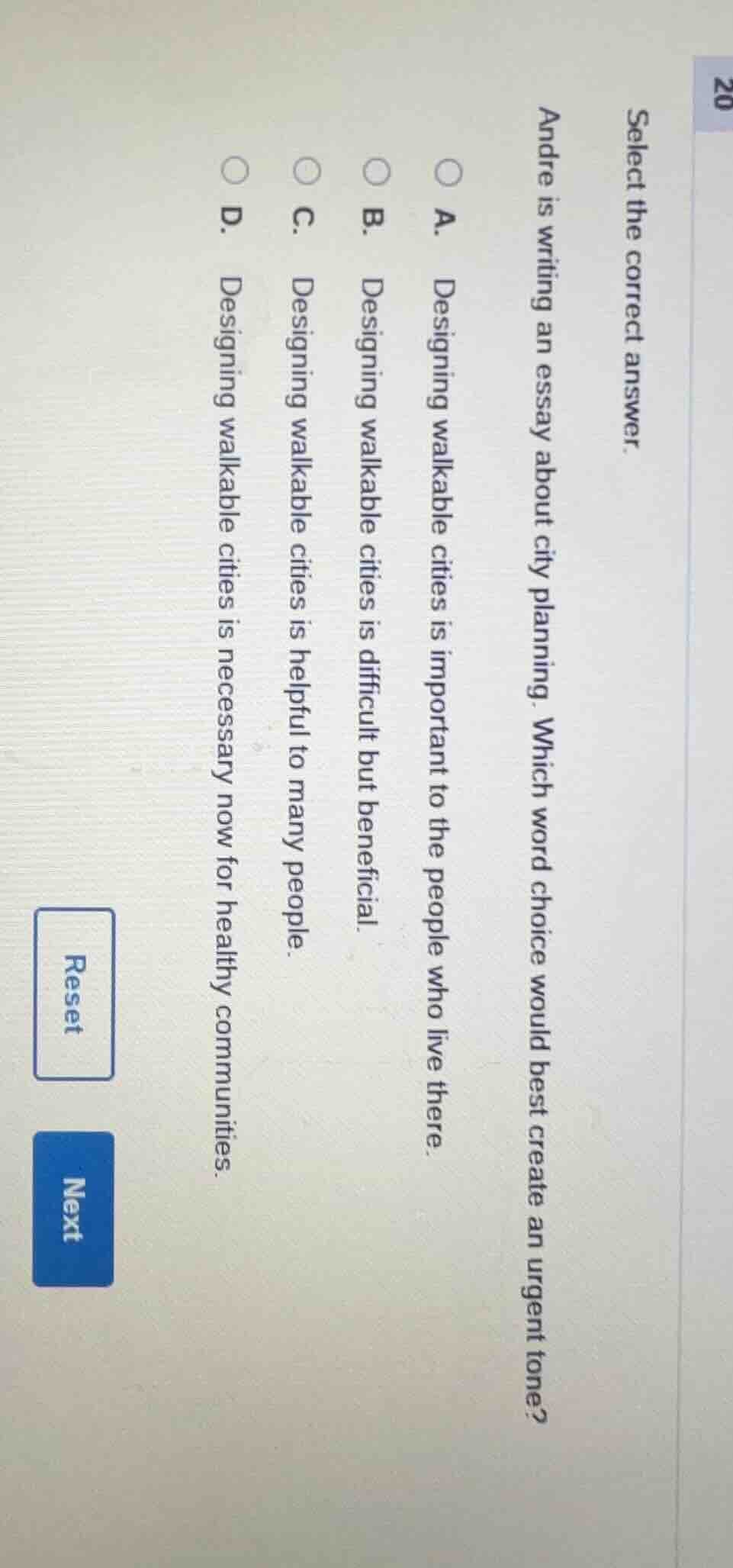 20 select the correct answer. andre is writing an essay about city plan…