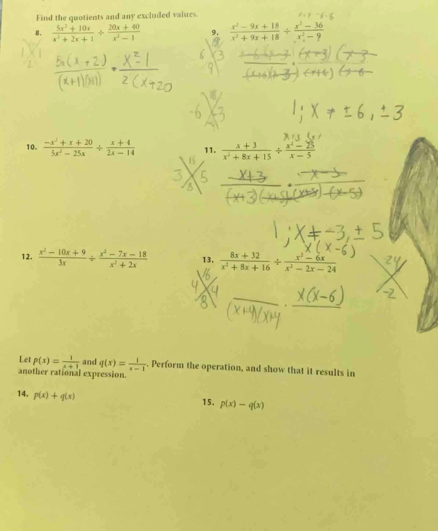 find the quotients and any excluded values. 8. $\frac{5x^{2}+10x}{x^{2}…