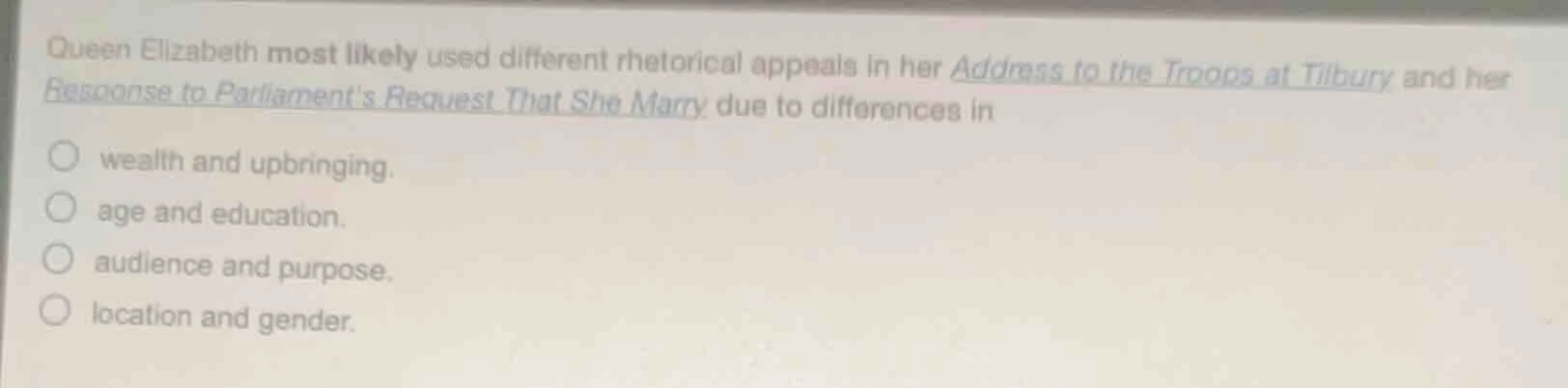 queen elizabeth most likely used different rhetorical appeals in her ad…