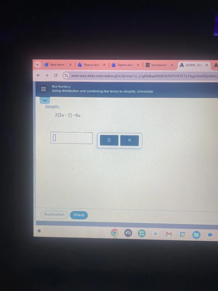 real numbers using distribution and combining like terms to simplify: u…