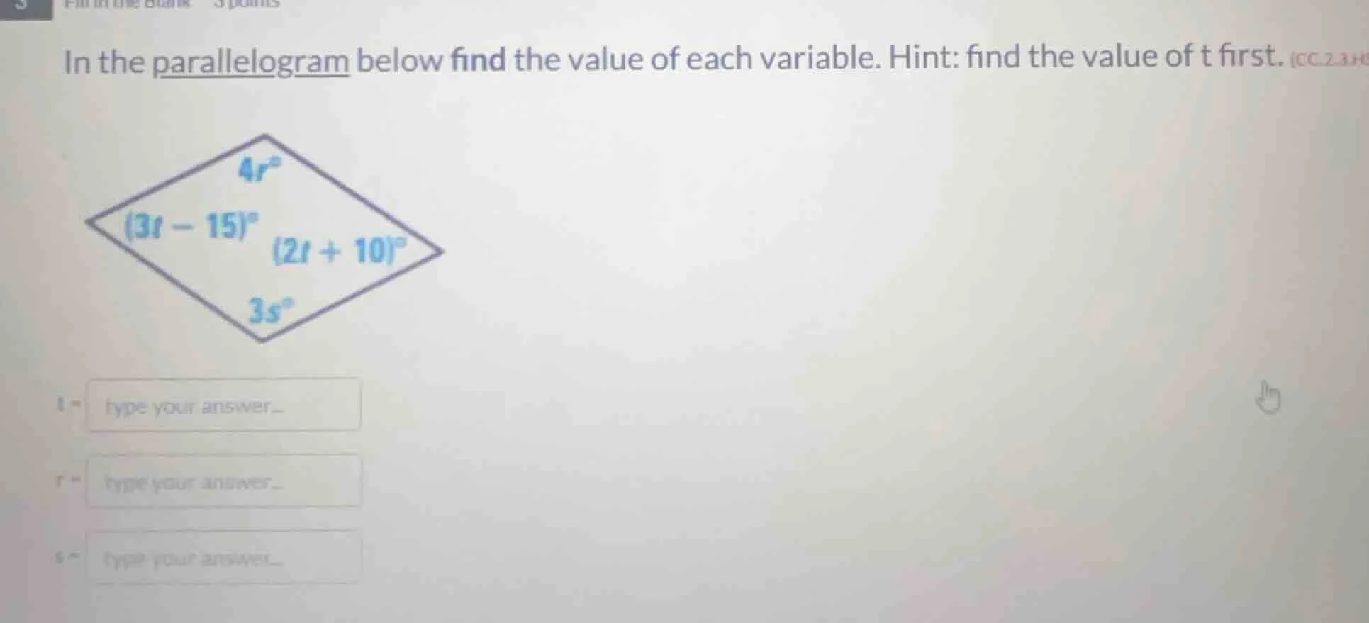 in the parallelogram below find the value of each variable. hint: find …