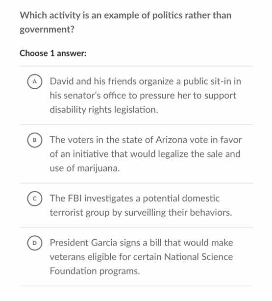which activity is an example of politics rather than government? choose…