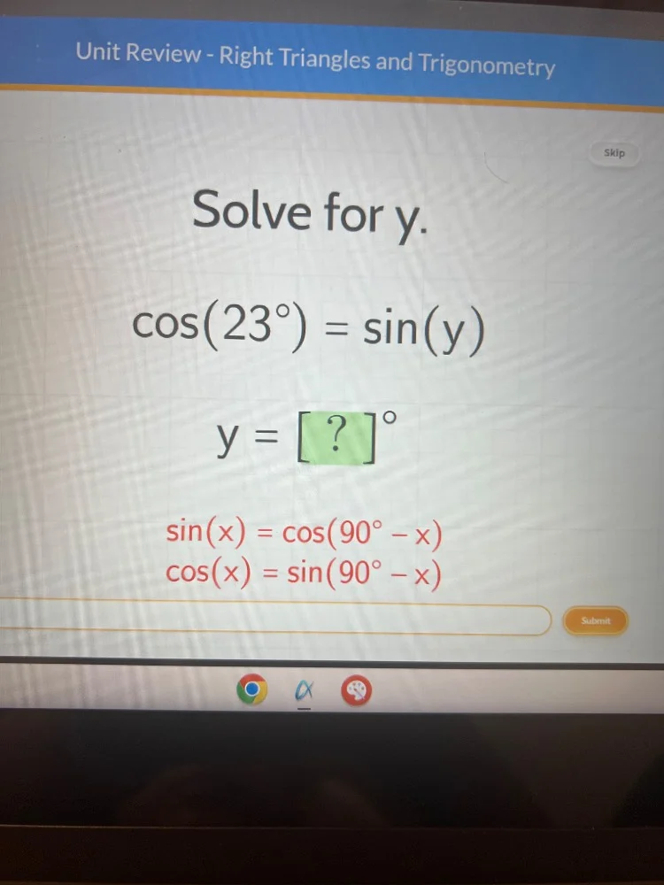 unit review - right triangles and trigonometry skip solve for y. $cos(2…