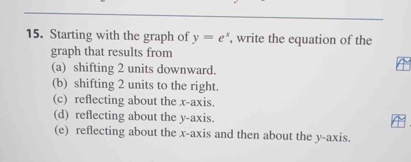 15. starting with the graph of $y = e^x$, write the equation of the gra…
