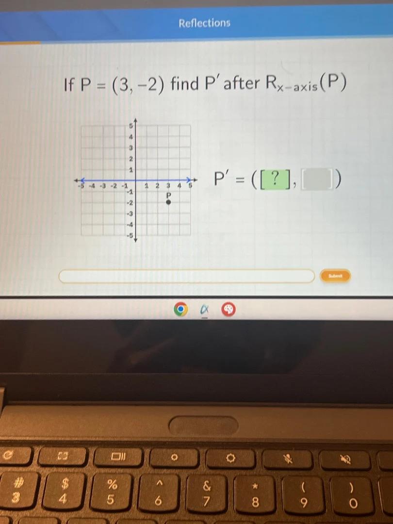 reflections if $p = (3, -2)$ find $p$ after $r_{x-axis}(p)$ $p = (?, \\…
