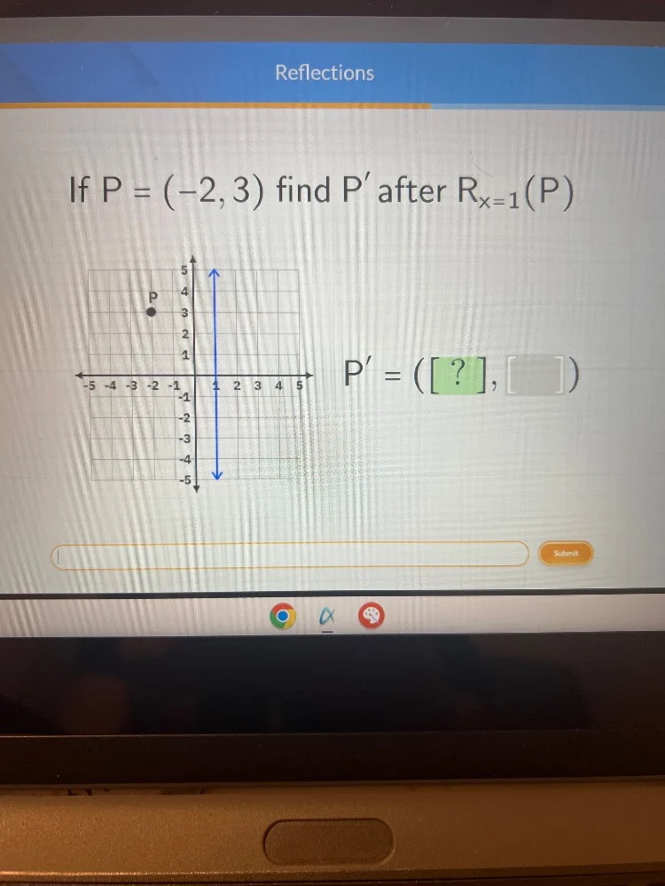 reflections if $p = (-2, 3)$ find $p$ after $r_{x=1}(p)$ $p = (?, \\squ…