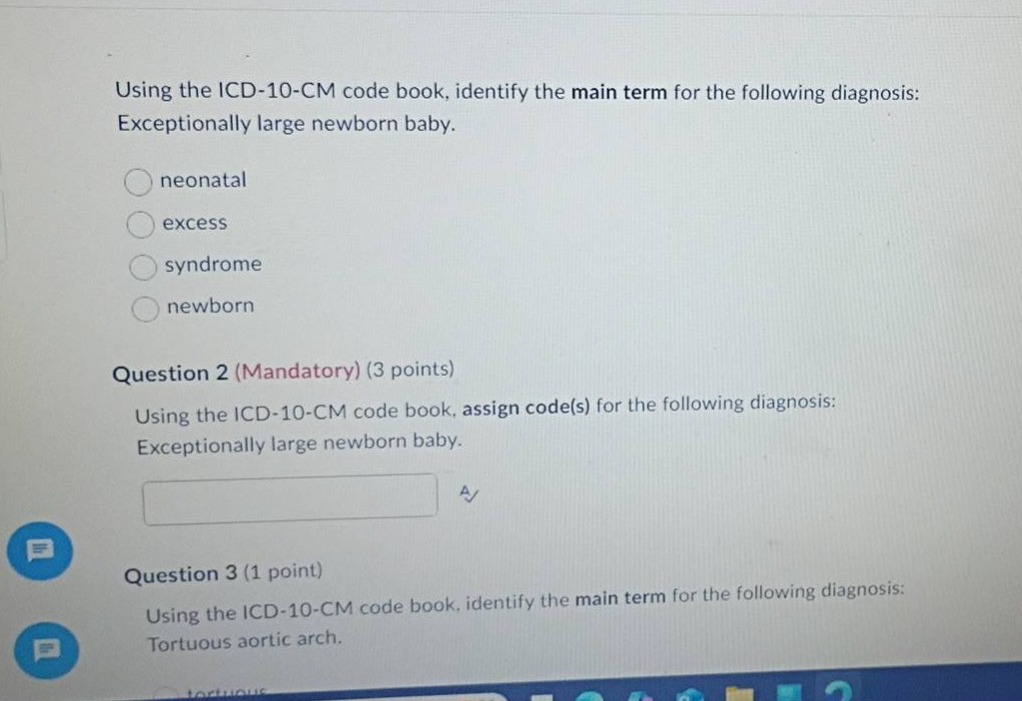 using the icd-10-cm code book, identify the main term for the following…