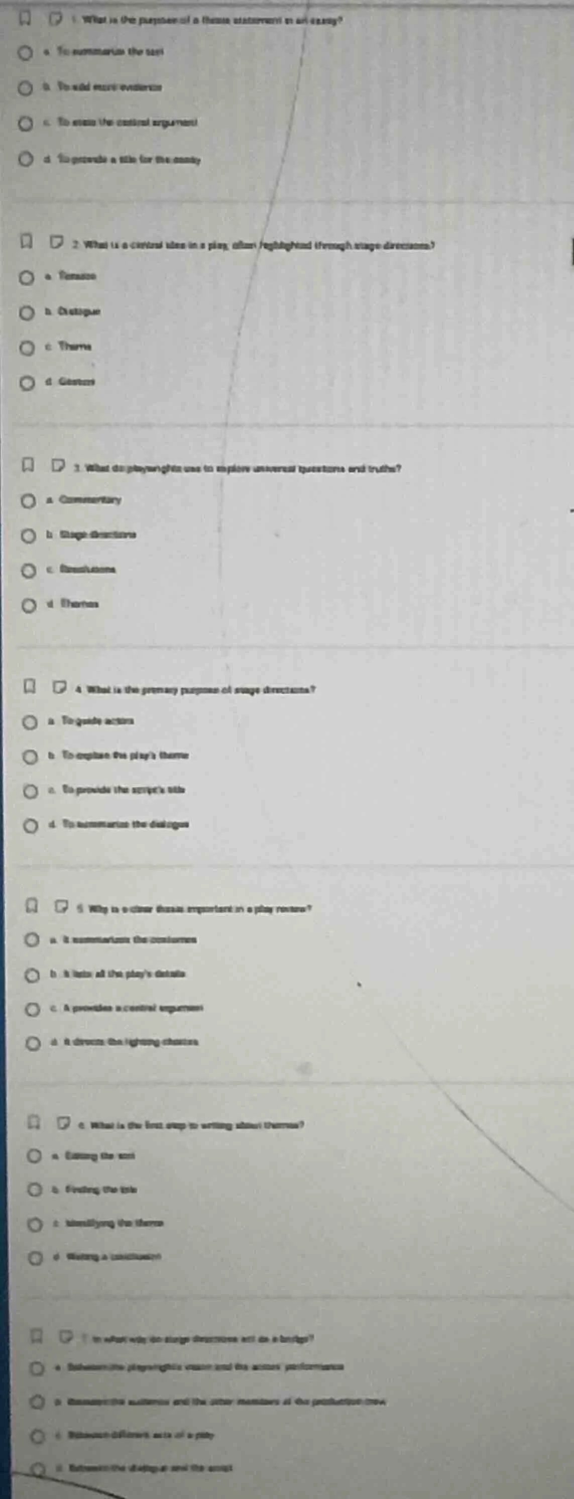 1. what is the purpose of a thesis statement in an essay?a. to summariz…