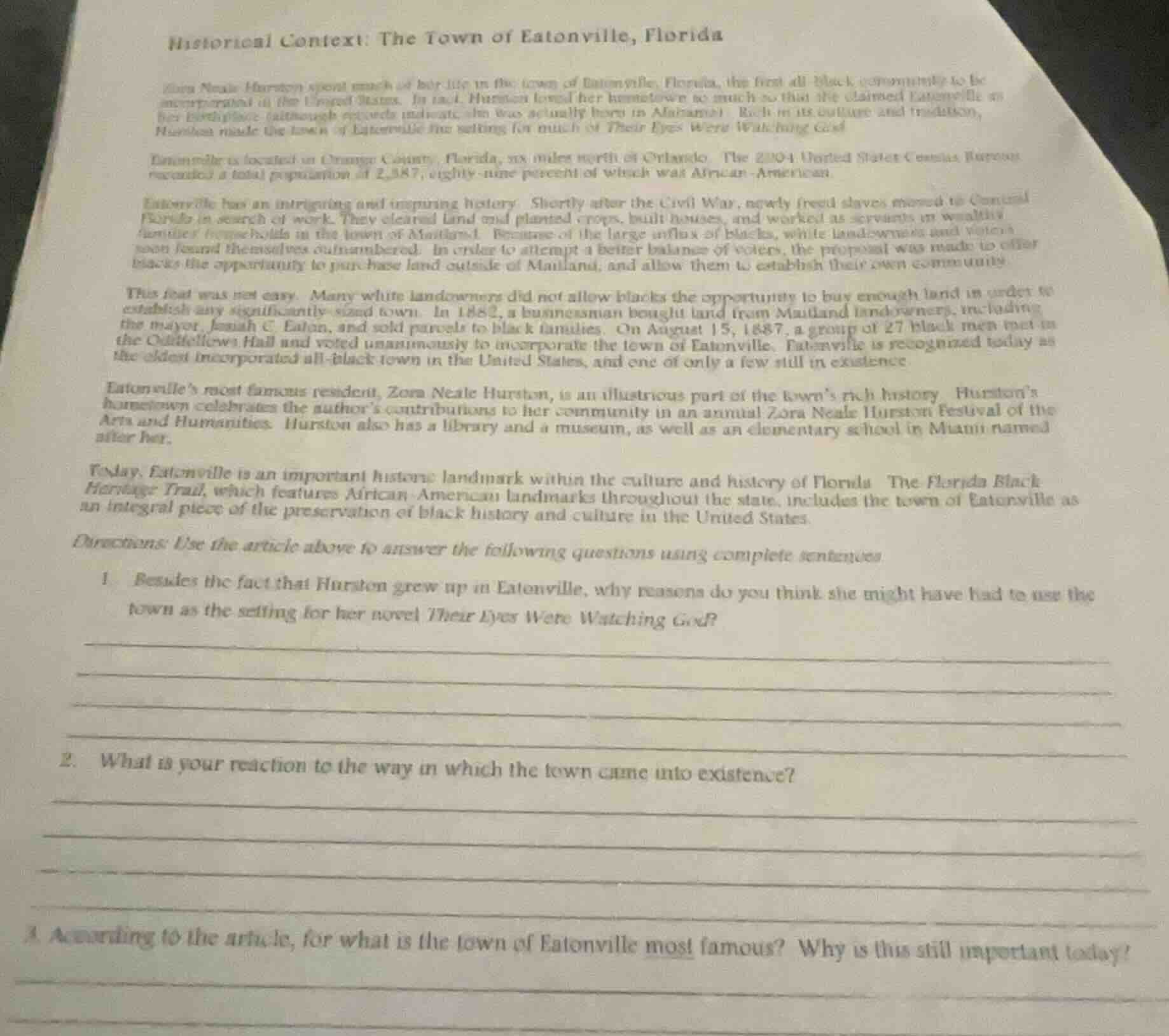 historical context: the town of eatonville, florida zora neale hurston …