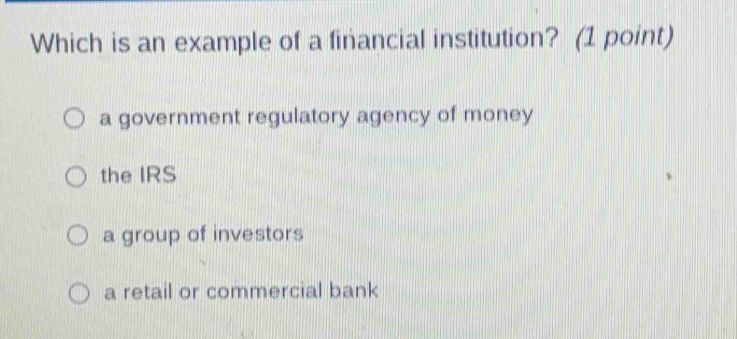 which is an example of a financial institution? (1 point)○ a government…
