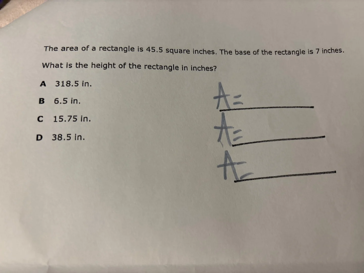 the area of a rectangle is 45.5 square inches. the base of the rectangl…