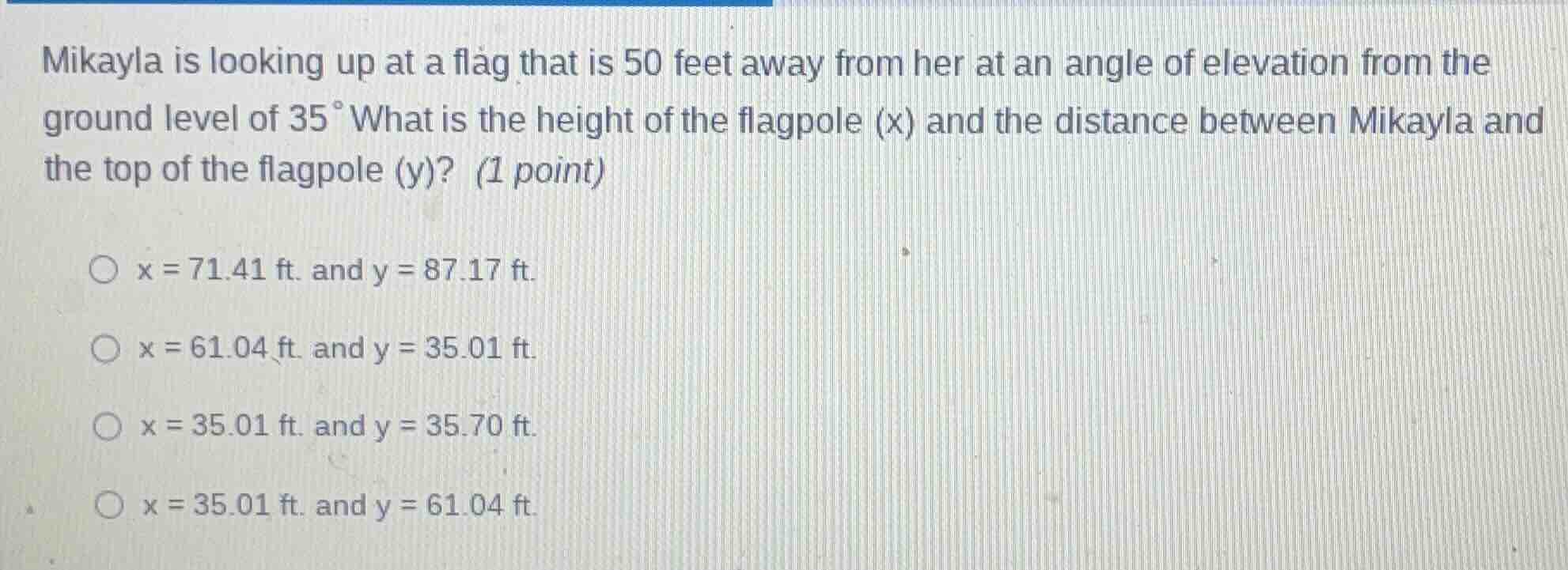 mikayla is looking up at a flag that is 50 feet away from her at an ang…