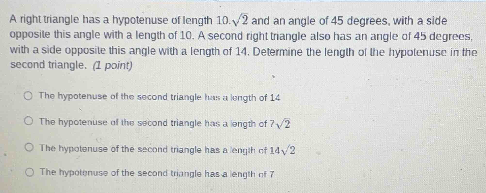 a right triangle has a hypotenuse of length $10\\sqrt{2}$ and an angle …