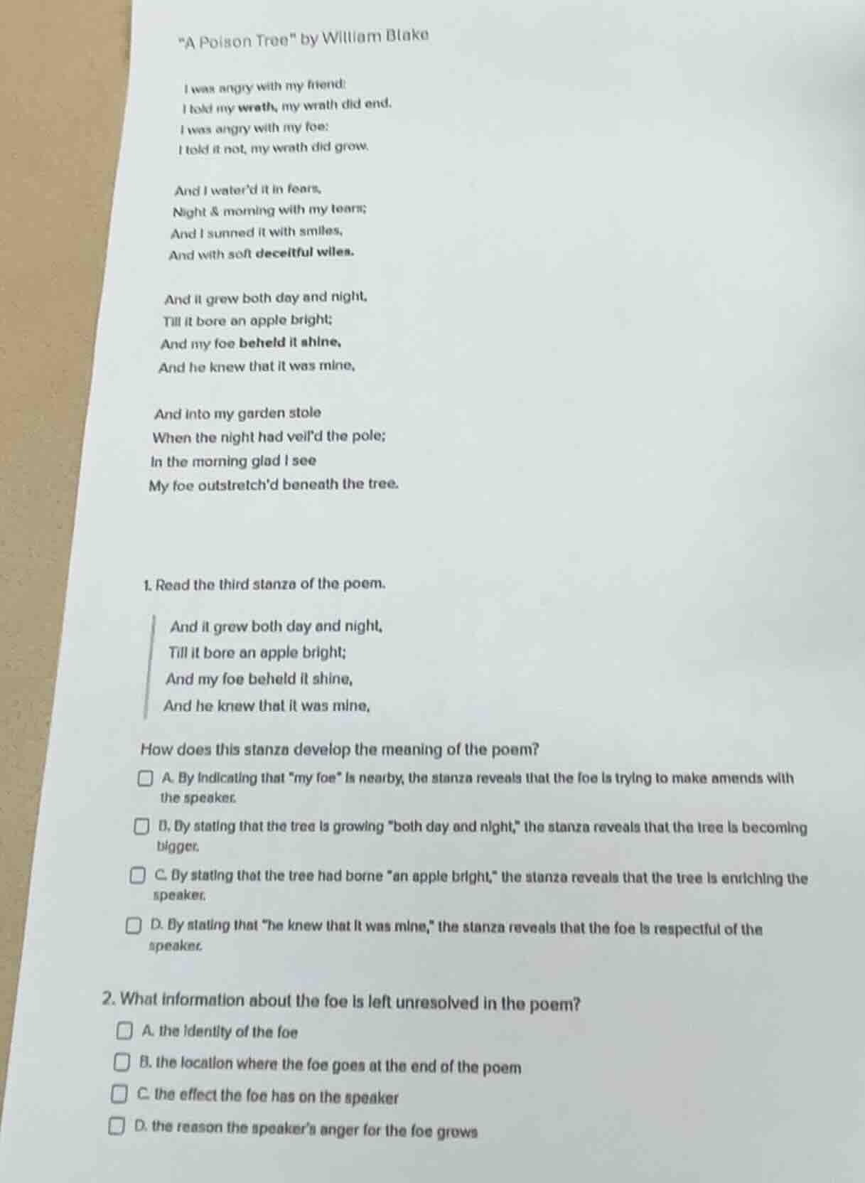 \a poison tree\ by william blake i was angry with my friend: i told my …