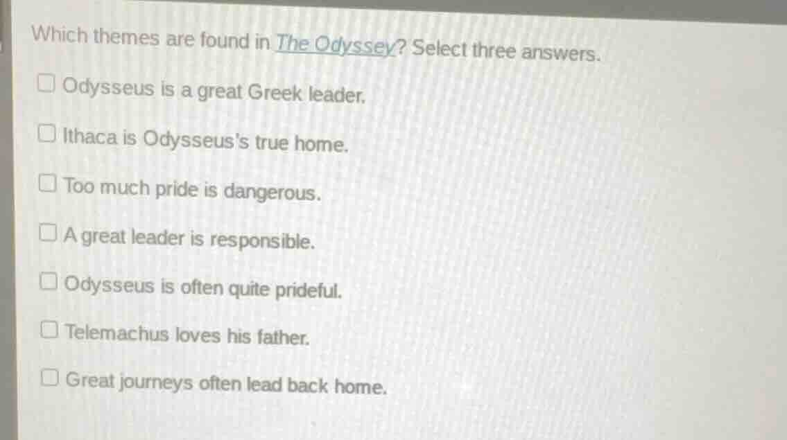which themes are found in the odyssey? select three answers. odysseus i…