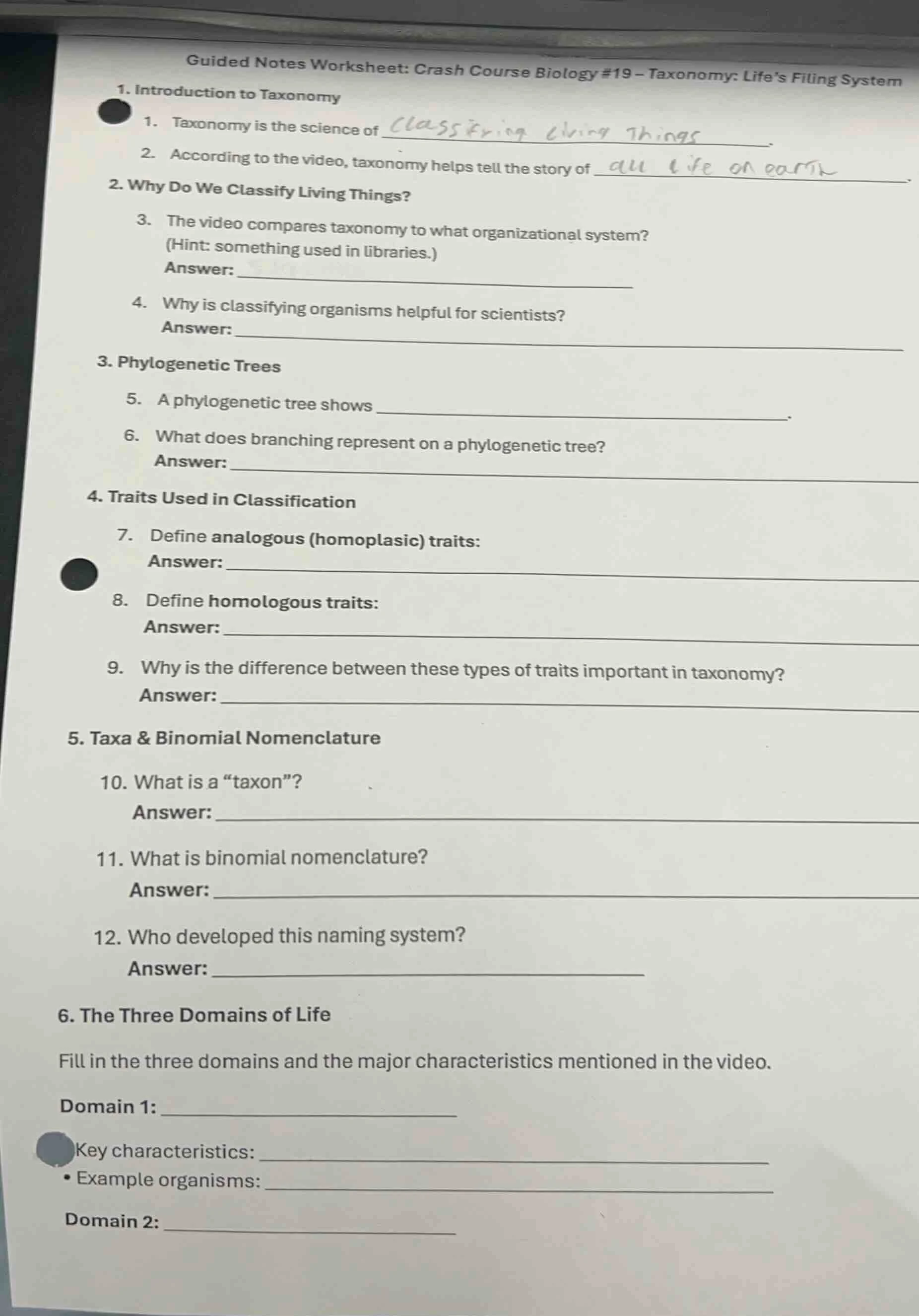 guided notes worksheet: crash course biology #19 – taxonomy: lifes fili…