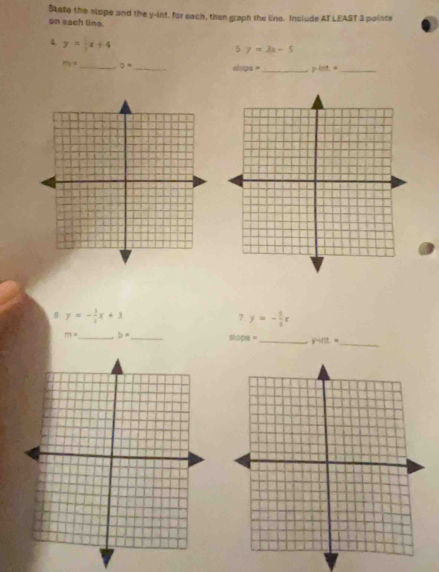 state the slope and the y-int. for each, then graph the line. include a…