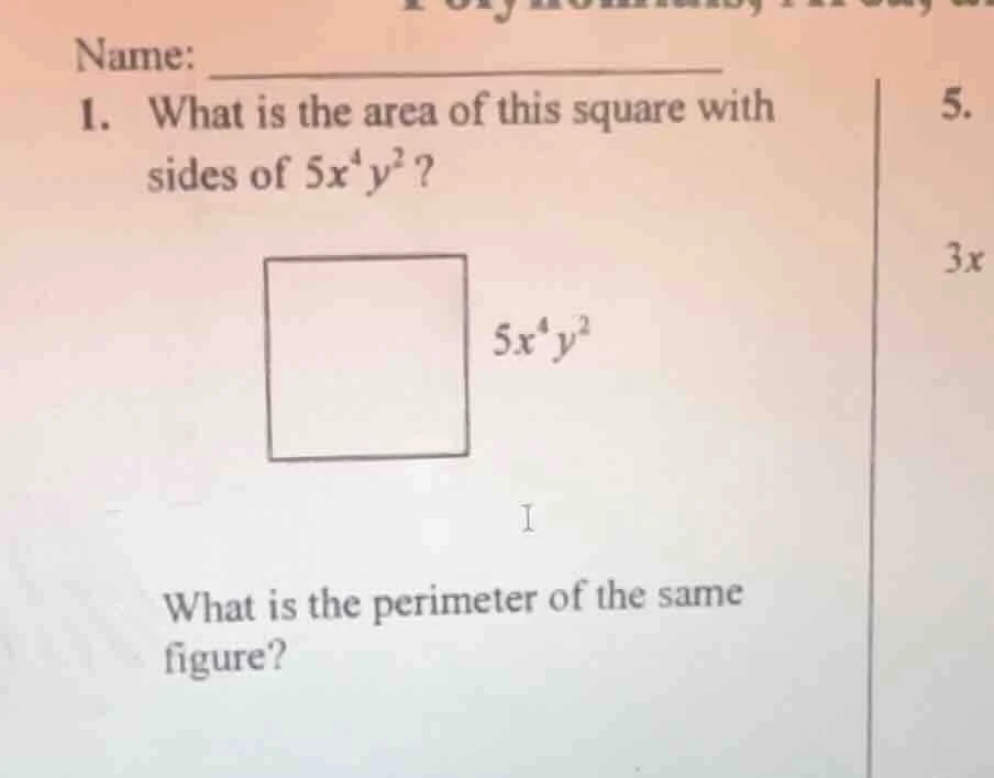 name: _______________ 1. what is the area of this square with sides of …