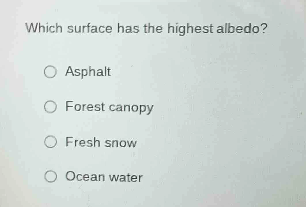 which surface has the highest albedo? ○ asphalt ○ forest canopy ○ fresh…