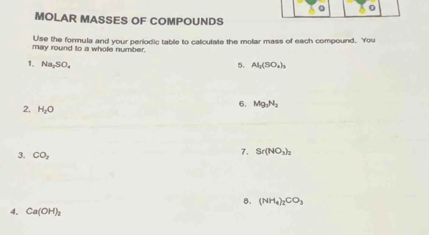 molar masses of compounds use the formula and your periodic table to ca…