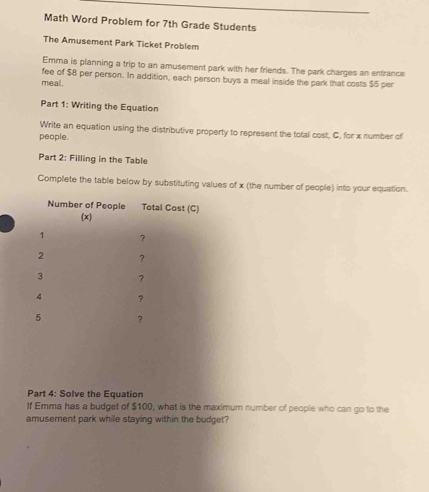 math word problem for 7th grade students the amusement park ticket prob…