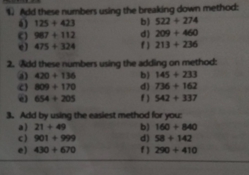 1. add these numbers using the breaking down method: a) $125 + 423$ b) …