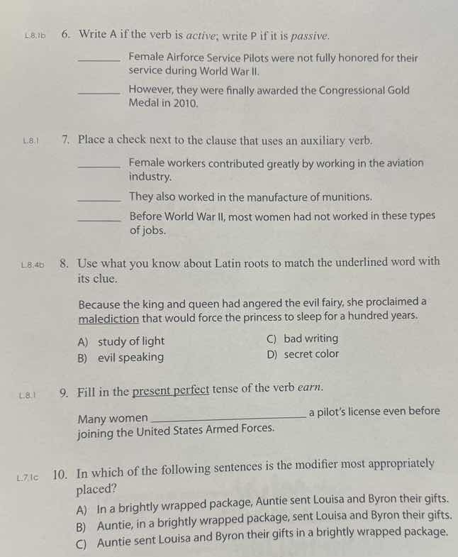 l8.1b 6. write a if the verb is active; write p if it is passive. _____…