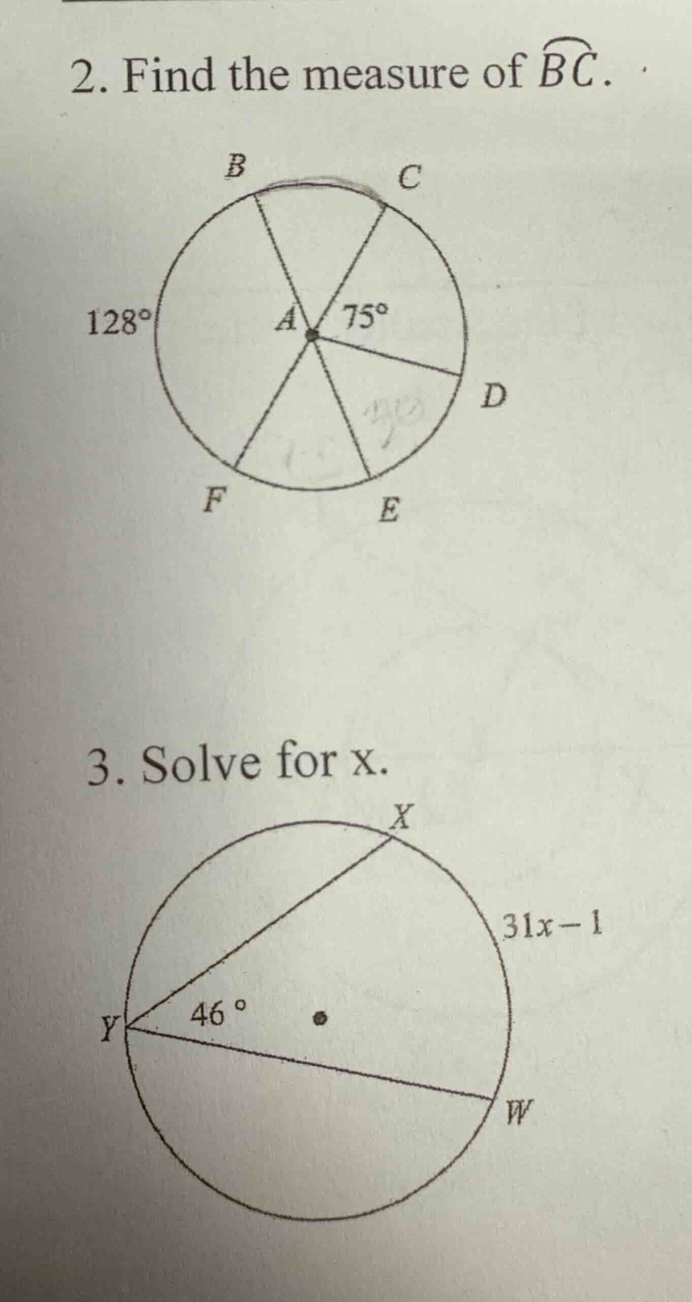 2. find the measure of $widehat{bc}$.3. solve for x.