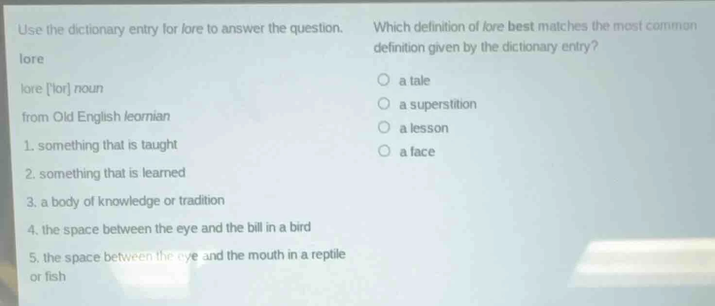 use the dictionary entry for lore to answer the question. lore lore ˈlɔ…