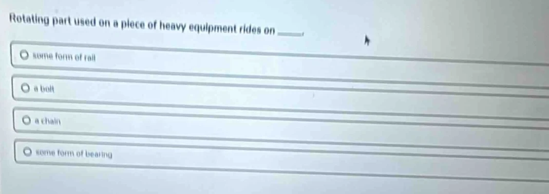 rotating part used on a piece of heavy equipment rides on ______some fo…