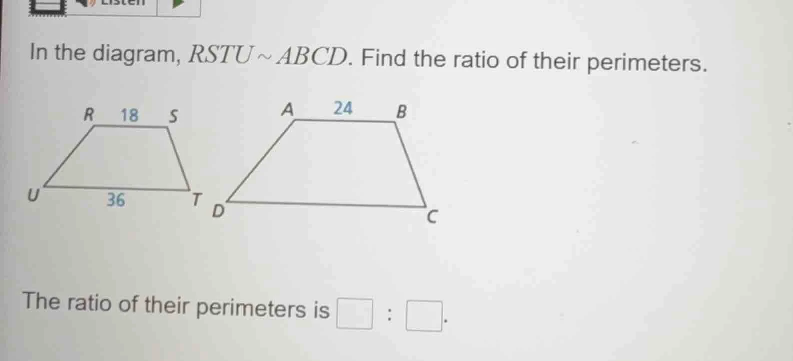 in the diagram, $rstu \\sim abcd$. find the ratio of their perimeters. …