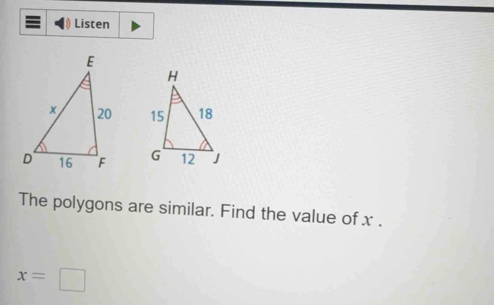 the polygons are similar. find the value of $x$. $x = \\square$