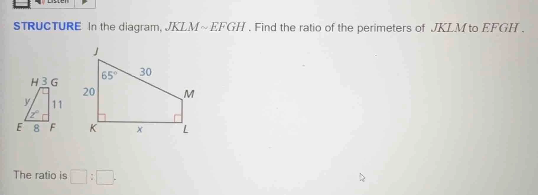 structure in the diagram, $jklm\\sim efgh$. find the ratio of the perim…