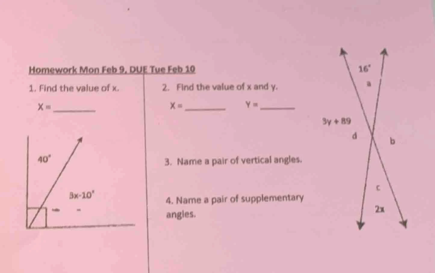 homework mon feb 9, due tue feb 10 1. find the value of x. x = ________…