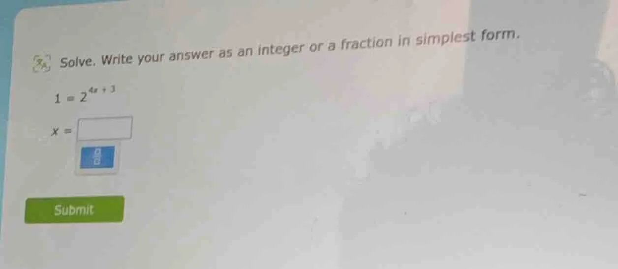 solve. write your answer as an integer or a fraction in simplest form. …