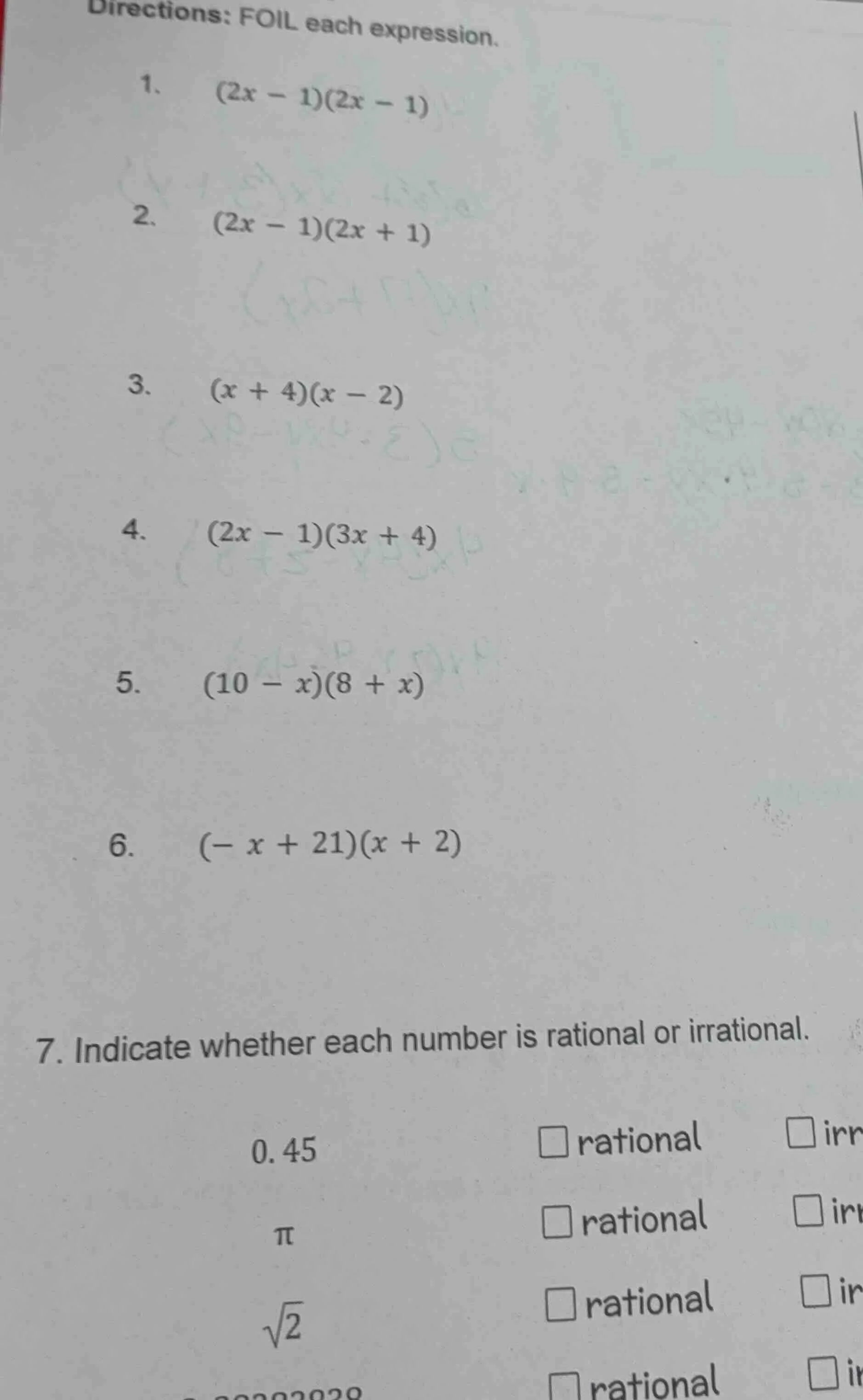 directions: foil each expression. 1. $(2x - 1)(2x - 1)$ 2. $(2x - 1)(2x…